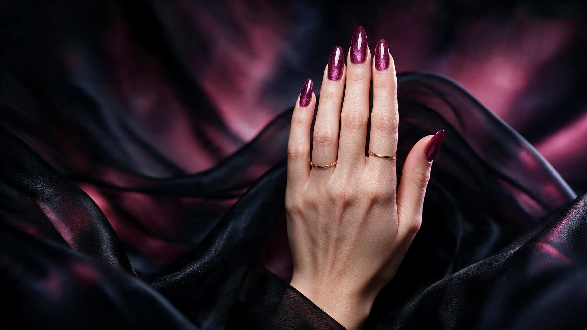 Deep plum cat-eye manicure on almond nails, a hand raised against flowing black silk — Mani Magic Studio, Richmond Hill