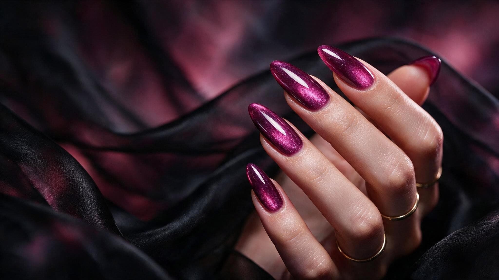 Shimmering wine cat-eye manicure on long almond nails against black silk — Mani Magic Studio, Richmond Hill